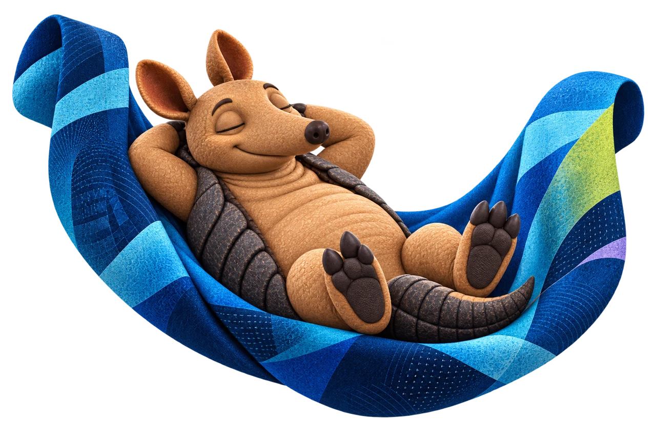 The Zenshield armadillo takes a well-earned rest in a blue tapestry hammock.